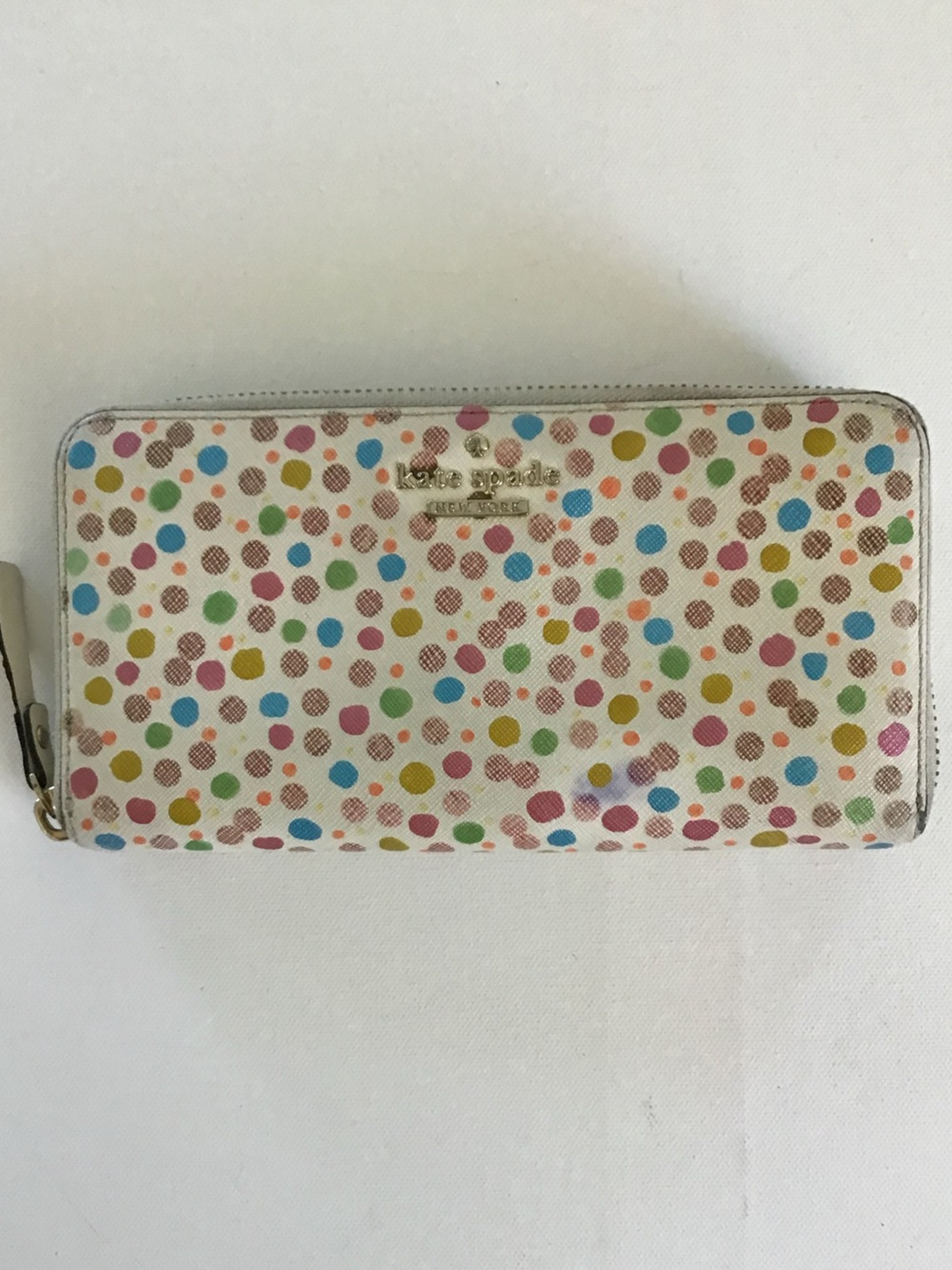 Upscaled Designer White Wallet with Multicolor Polka Dots. Hand painted